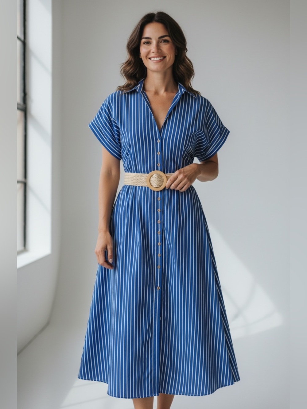 ZARA Royal Blue & White Vertical Striped Midi Shirt Dress with Belt - Size XS